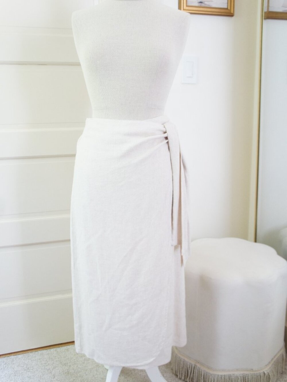 Mango Natural Beige Linen Blend Midi Wrap Skirt Size Medium
